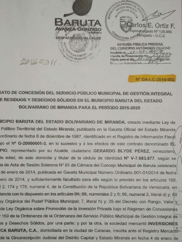 Contrato de concesión entre FOSPUCA y la alcaldía de Baruta de fecha 01 de Diciembre de 2015